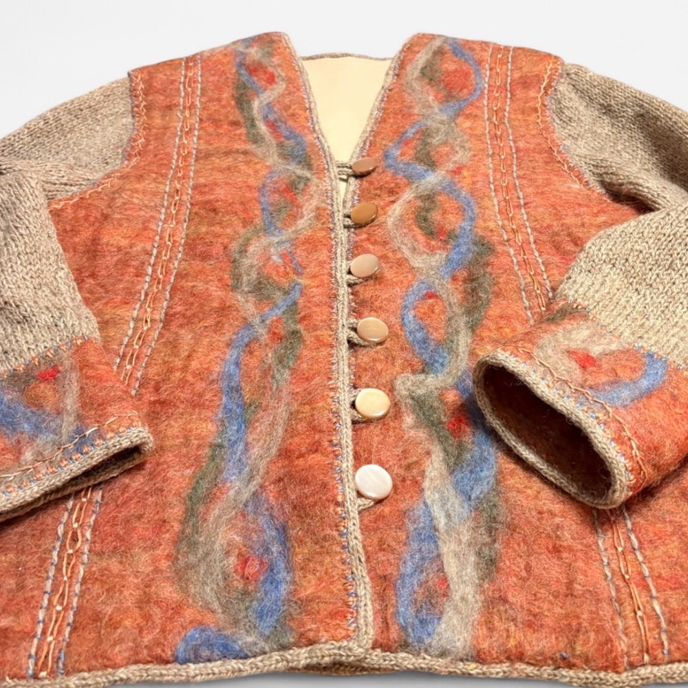 Women's Whimsical Rust Patterned Wool Blend Artisinal Cardigan Size S/M - Picture 3 of 9